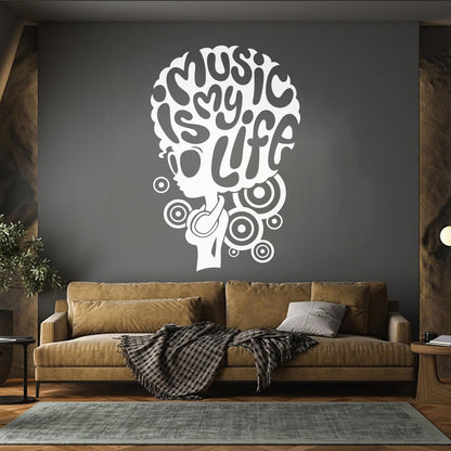 Vinyl Wall Stickers Music Lover Headphones African Girl Hairstyle Words Art Decoration