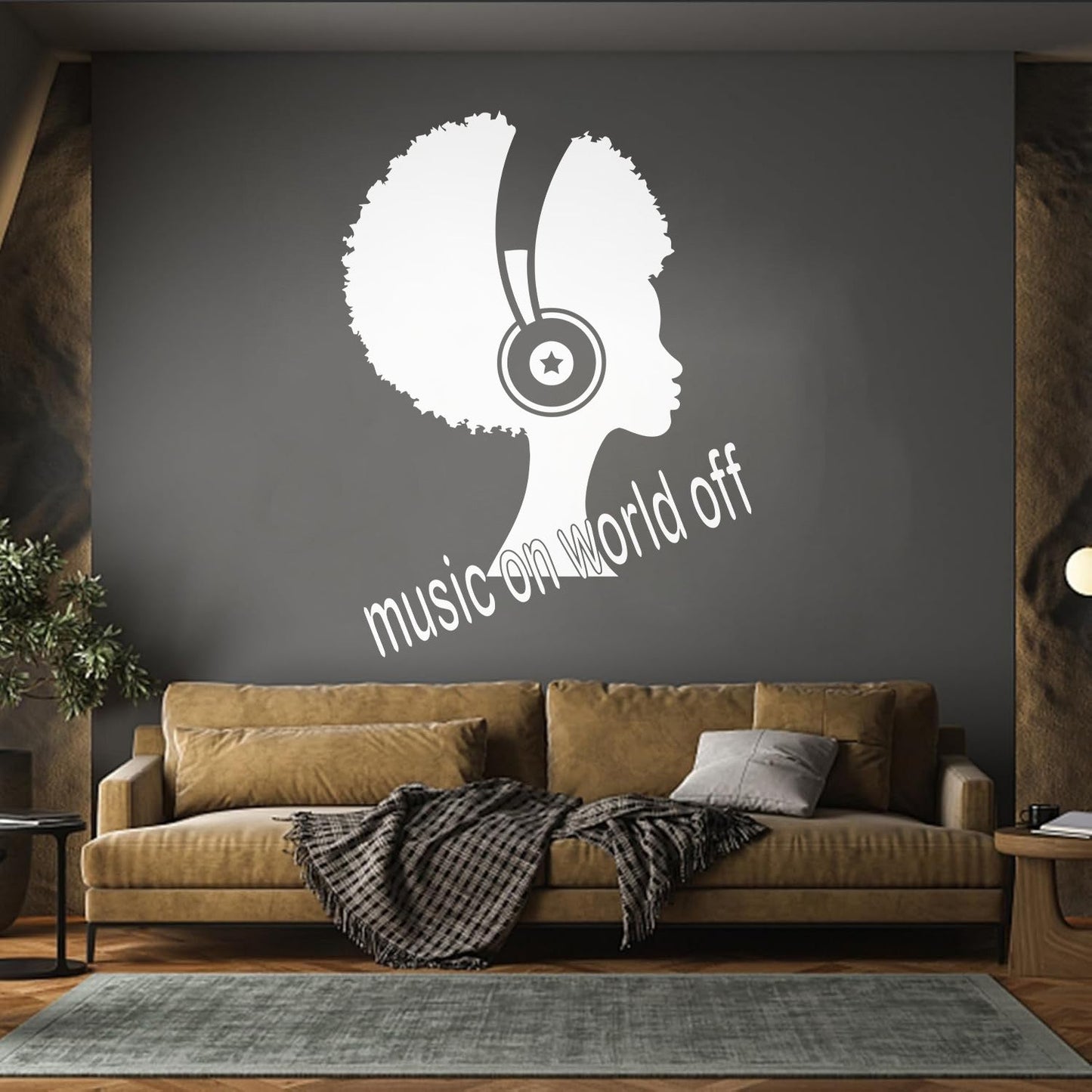 Wall Decals Music On World Off Inspirational Quote Words African Girl Headphones Wall Beautification
