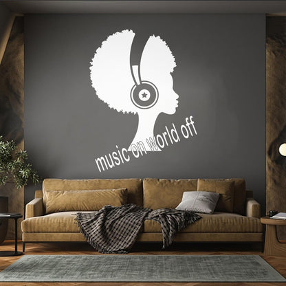 Wall Decals Music On World Off Inspirational Quote Words African Girl Headphones Wall Beautification