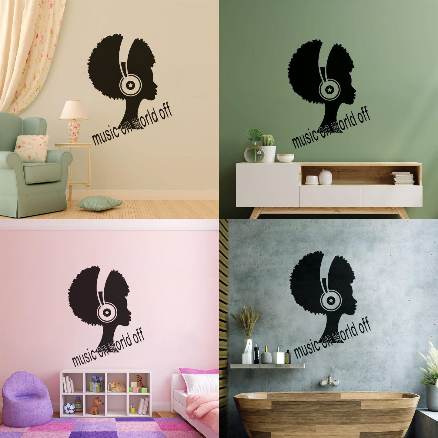 Wall Decals Music On World Off Inspirational Quote Words African Girl Headphones Wall Beautification