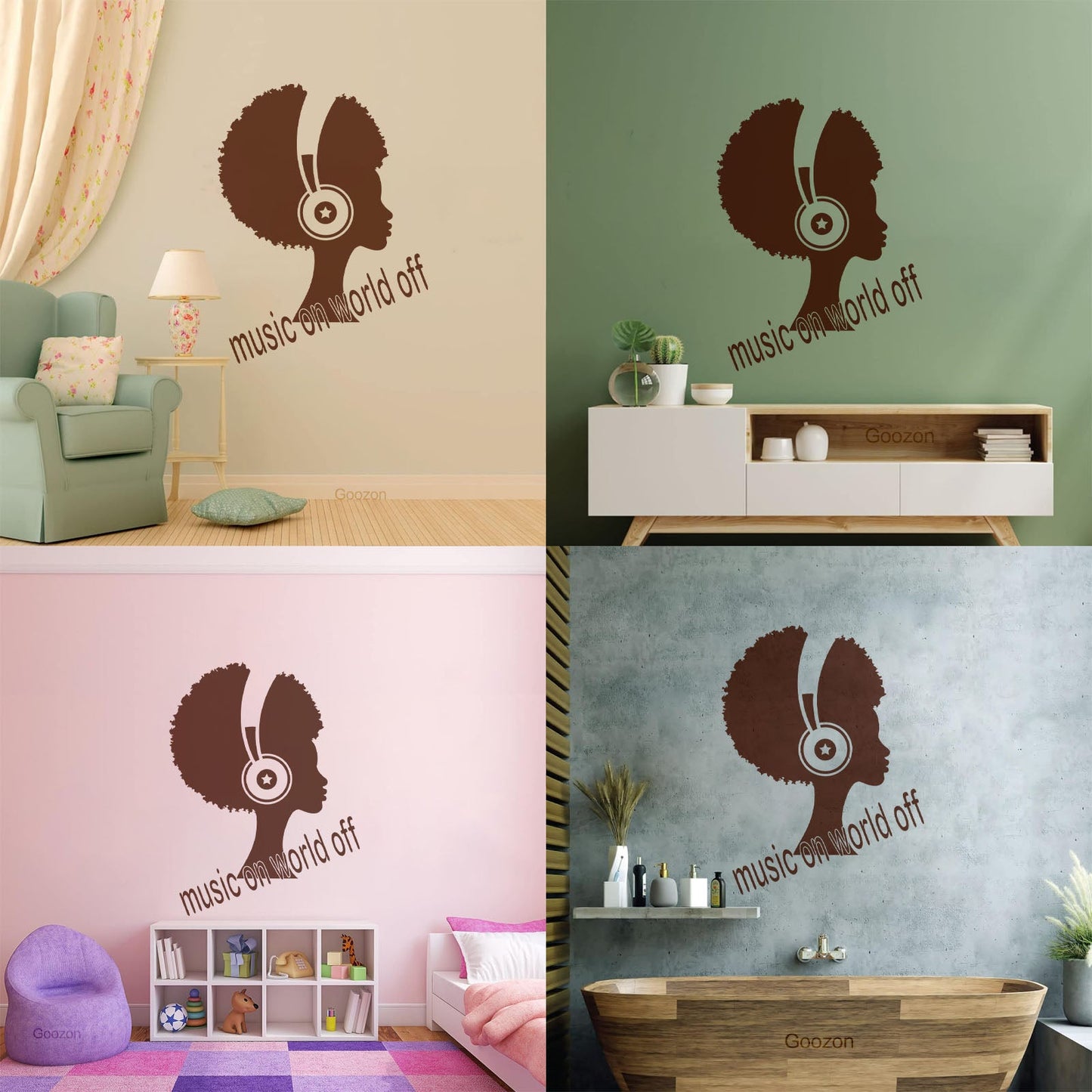 Wall Decals Music On World Off Inspirational Quote Words African Girl Headphones Wall Beautification