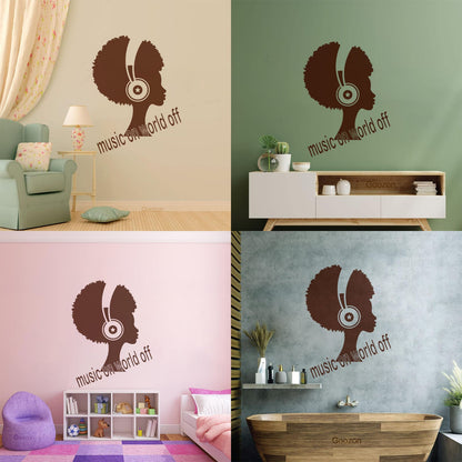 Wall Decals Music On World Off Inspirational Quote Words African Girl Headphones Wall Beautification