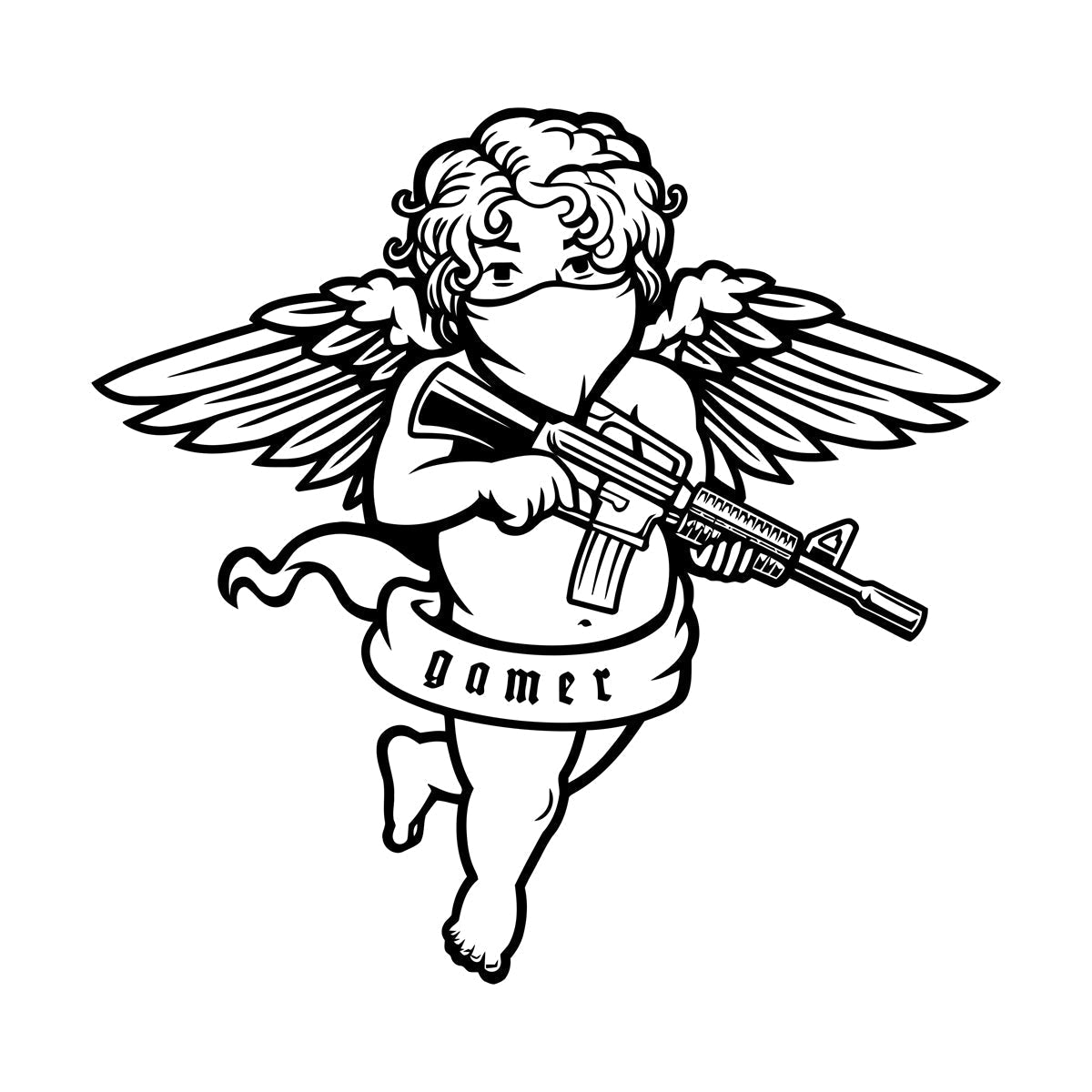 Engraving Decals Flying Cupid Wings Angel With Automatic Gun Art Mural Painting