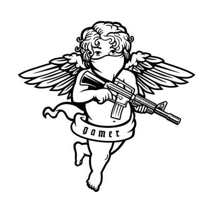 Engraving Decals Flying Cupid Wings Angel With Automatic Gun Art Mural Painting