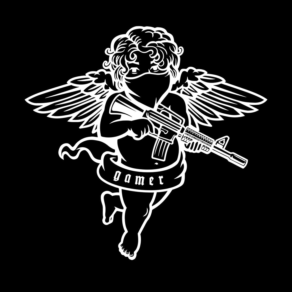 Engraving Decals Flying Cupid Wings Angel With Automatic Gun Art Mural Painting