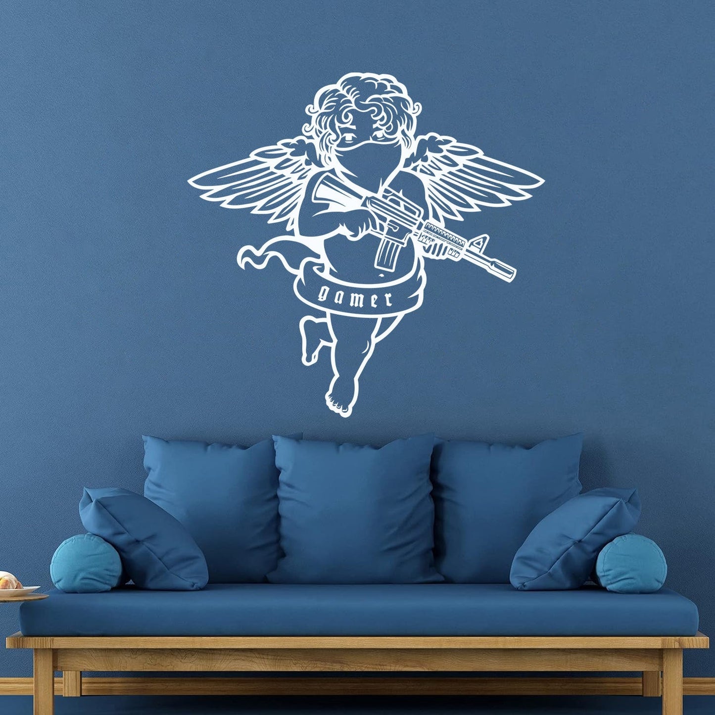 Engraving Decals Flying Cupid Wings Angel With Automatic Gun Art Mural Painting