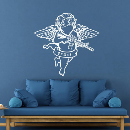Engraving Decals Flying Cupid Wings Angel With Automatic Gun Art Mural Painting