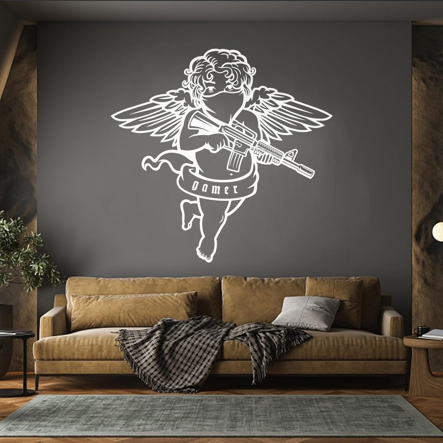 Engraving Decals Flying Cupid Wings Angel With Automatic Gun Art Mural Painting