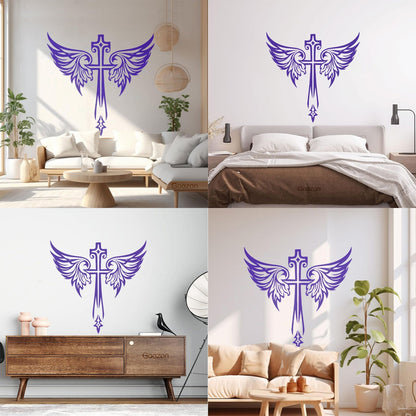 Vinyl Art Sticker Jesus Beautiful Cross Angel Wings Christian Symbols Wall Beautification