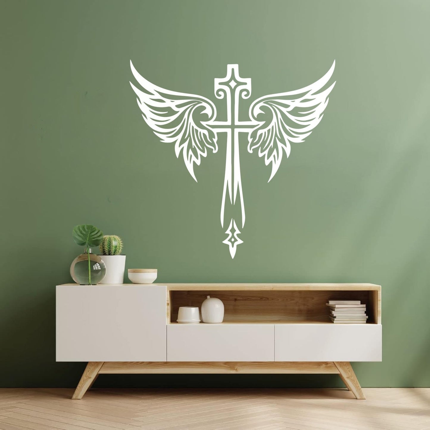 Vinyl Art Sticker Jesus Beautiful Cross Angel Wings Christian Symbols Wall Beautification