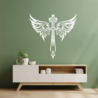 Vinyl Art Sticker Jesus Beautiful Cross Angel Wings Christian Symbols Wall Beautification