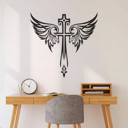 Vinyl Art Sticker Jesus Beautiful Cross Angel Wings Christian Symbols Wall Beautification