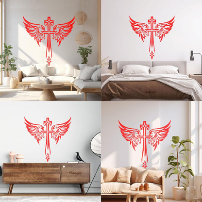 Vinyl Art Sticker Jesus Beautiful Cross Angel Wings Christian Symbols Wall Beautification