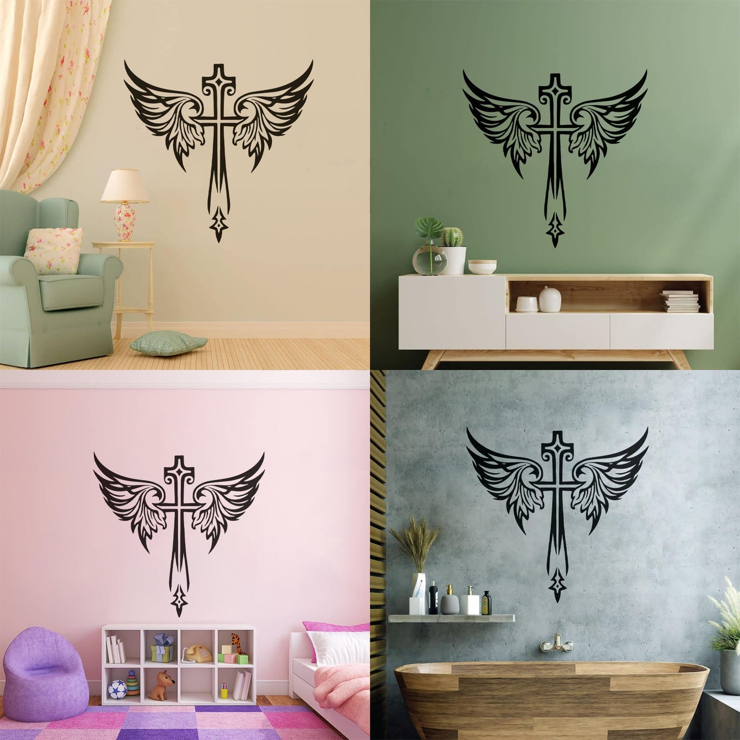Vinyl Art Sticker Jesus Beautiful Cross Angel Wings Christian Symbols Wall Beautification
