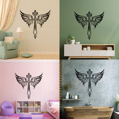 Vinyl Art Sticker Jesus Beautiful Cross Angel Wings Christian Symbols Wall Beautification