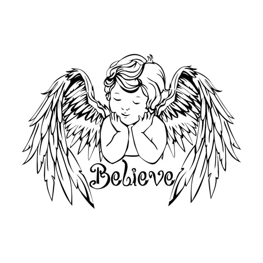 Wall Stickers Paster Paper White Baby Angel Wings Child Believe Lettering Easy Installation