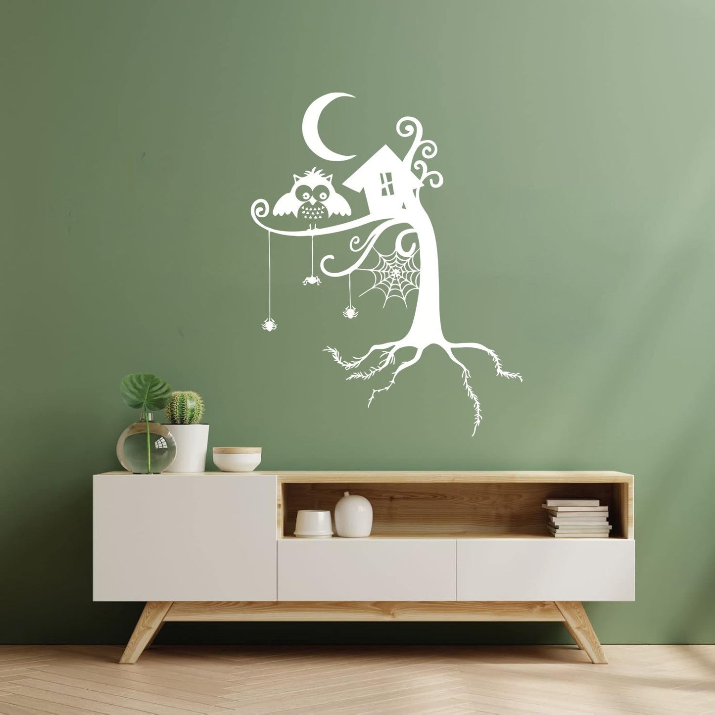 Engraving Decals Animal Fairy Story Tree Forest Spider Web Owl Night Moon Store Decoration