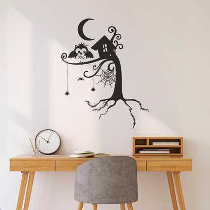 Engraving Decals Animal Fairy Story Tree Forest Spider Web Owl Night Moon Store Decoration