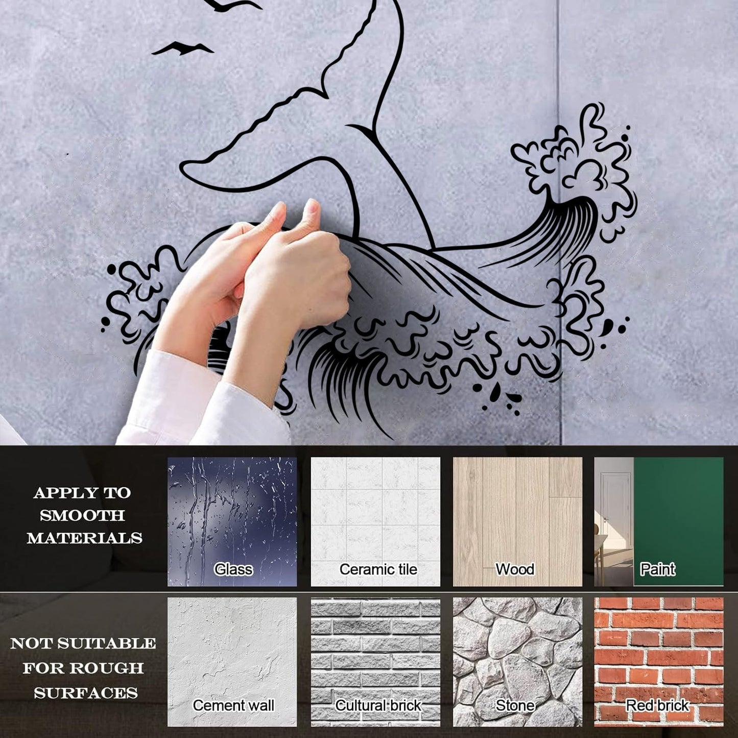 Fine Carving Stickers Sea Style Whale Tail Ocean Animal Waves Removable Without Leaving Glue