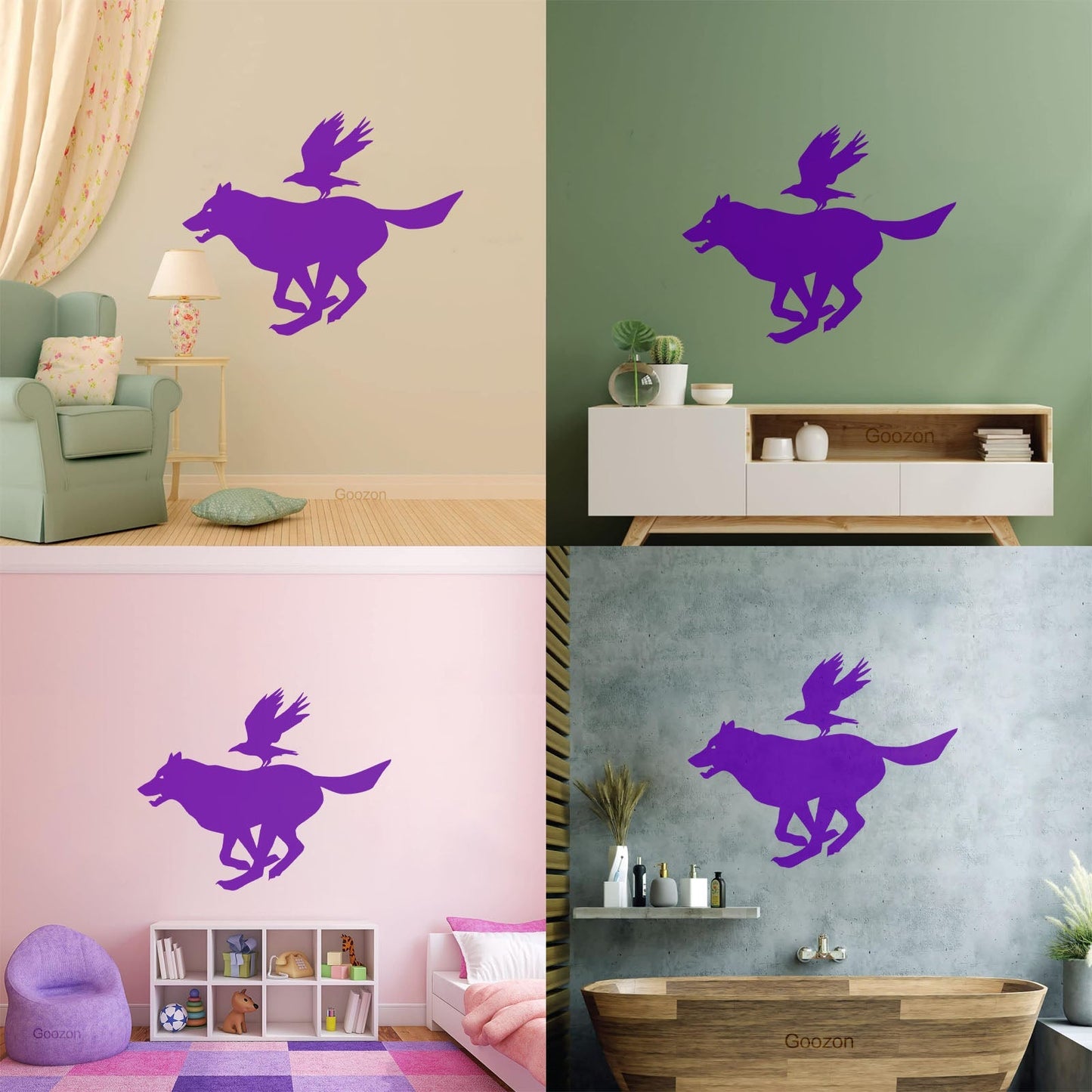 Vinyl Art Sticker Wolf And Bird Running Animal Silhouette Wild Wall Beautification