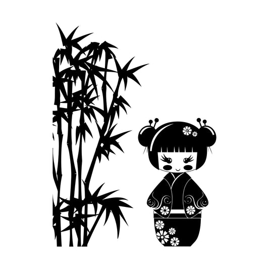 Fine Carving Stickers Kokeshi Japanese Doll Bamboo Branches Kids Window Decals