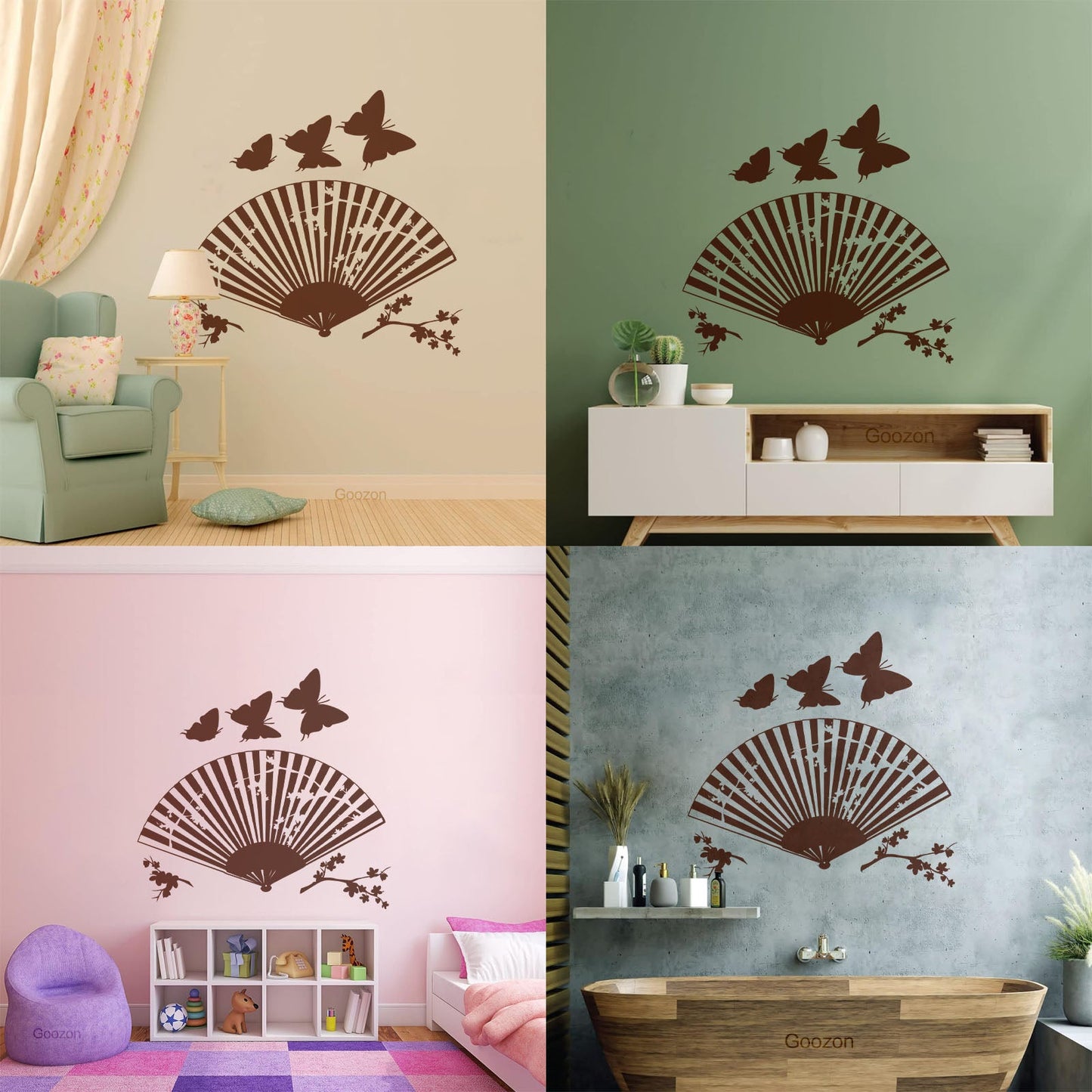Wall Decals Asian Japanese Fan Sakura Branch Butterfly Art Mural Painting