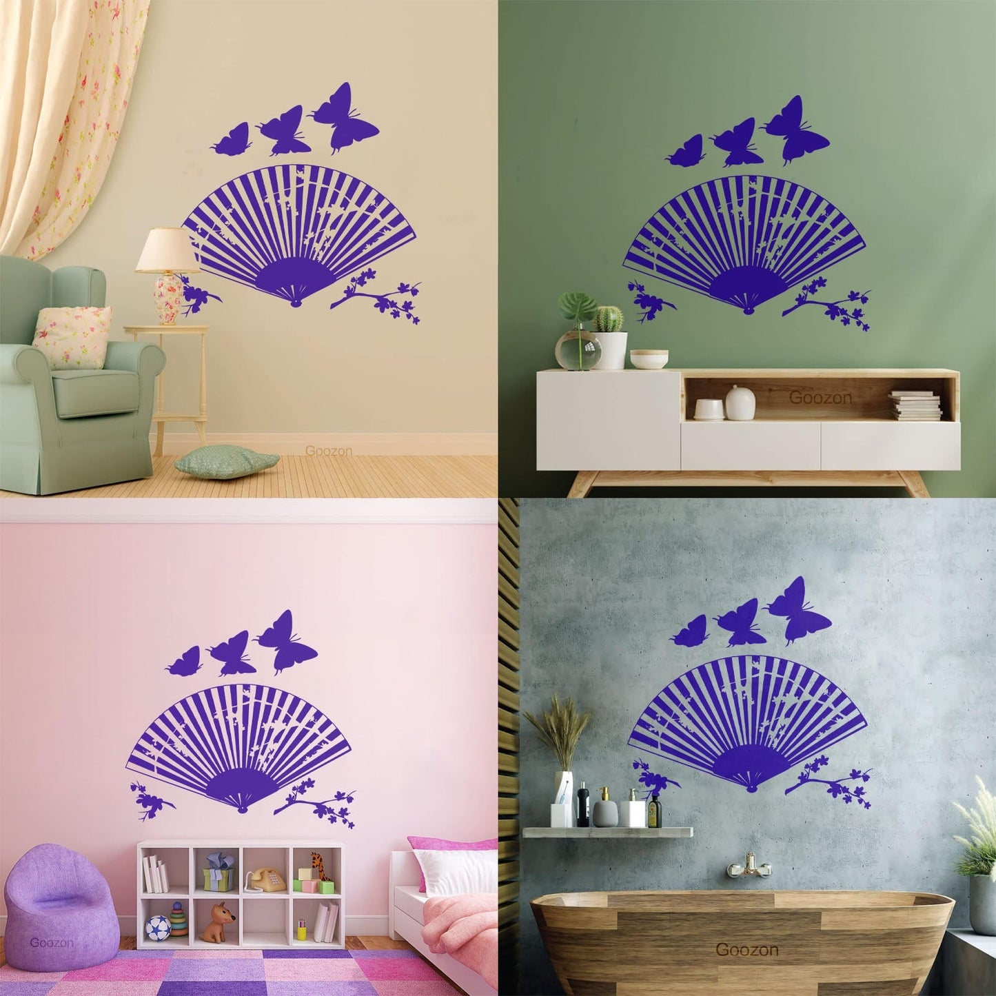Wall Decals Asian Japanese Fan Sakura Branch Butterfly Art Mural Painting