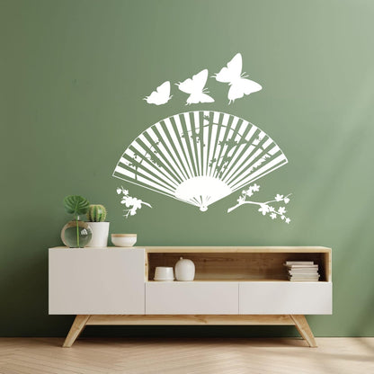 Wall Decals Asian Japanese Fan Sakura Branch Butterfly Art Mural Painting