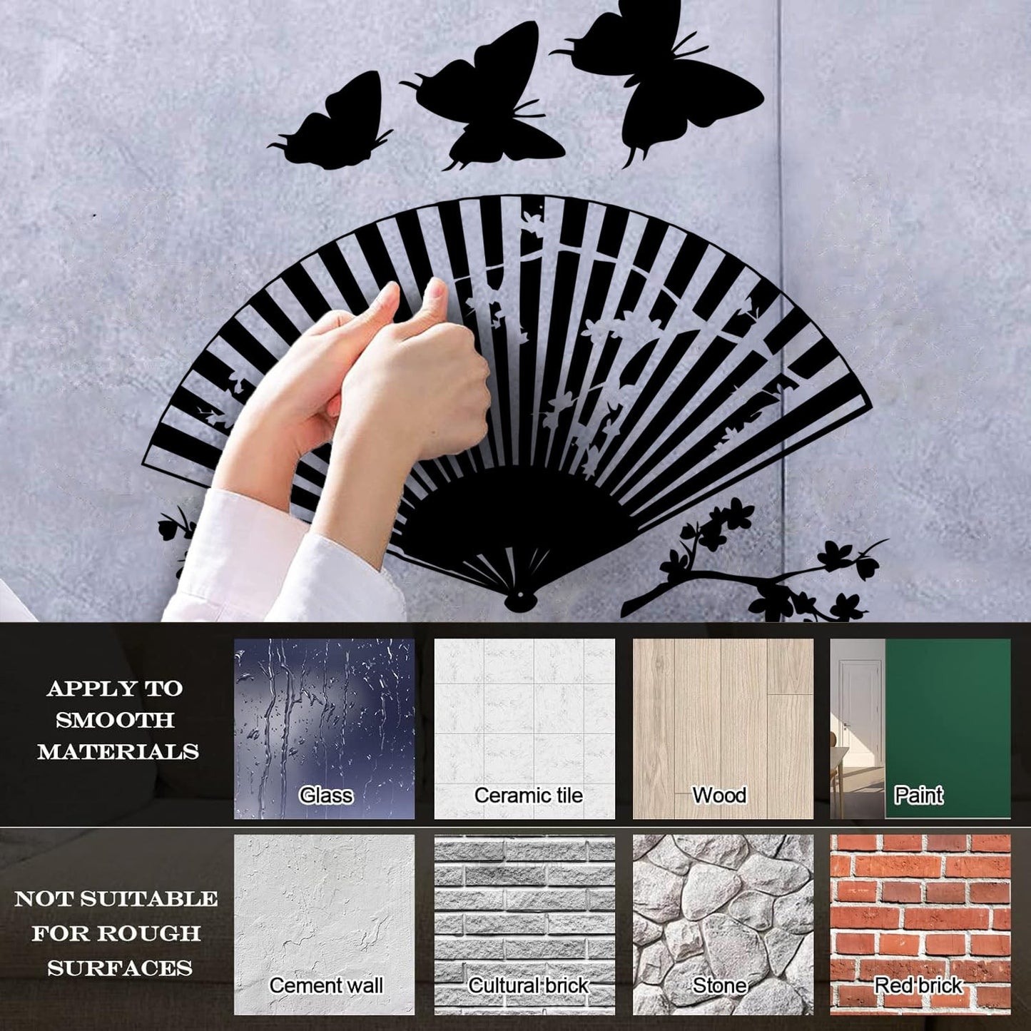 Wall Decals Asian Japanese Fan Sakura Branch Butterfly Art Mural Painting