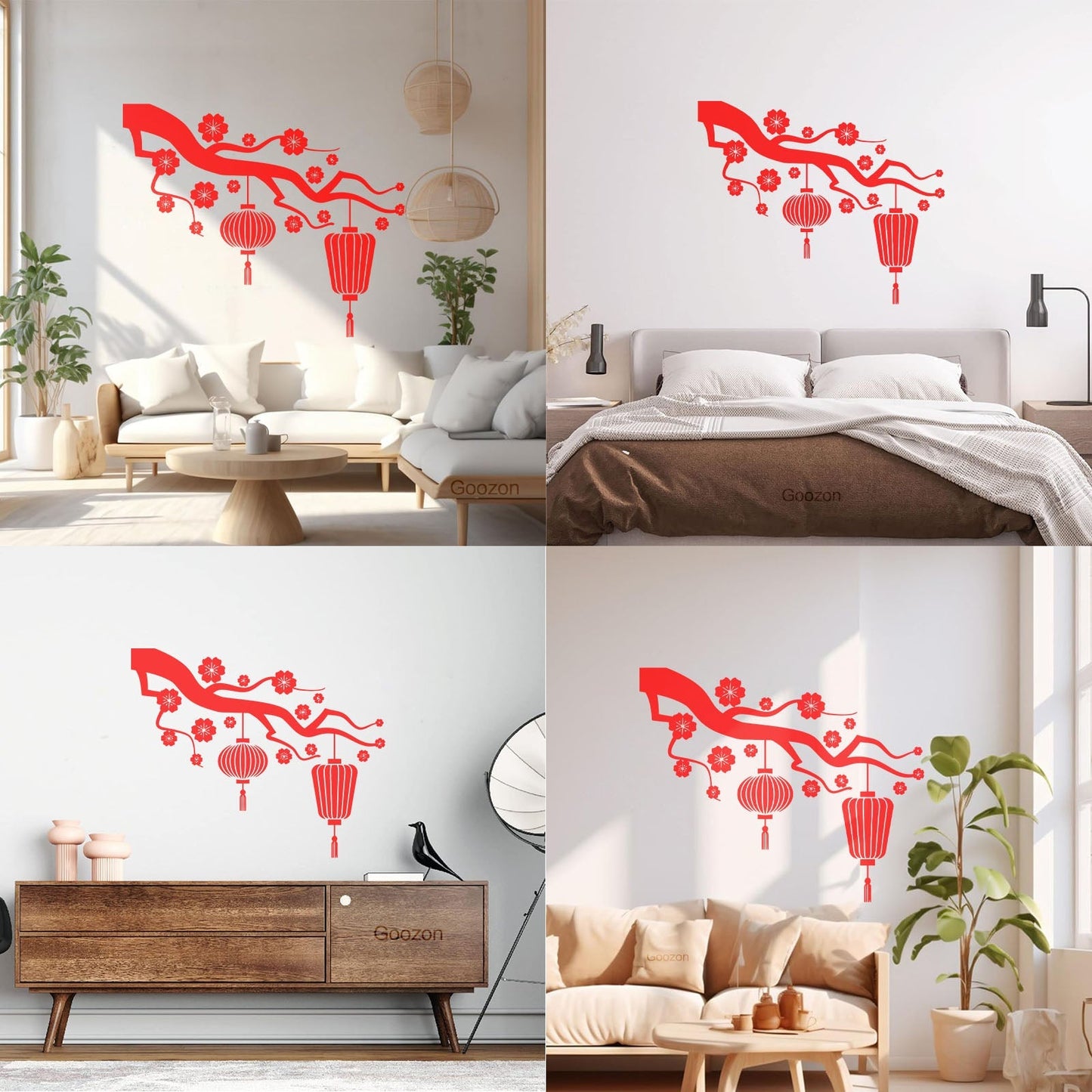 Chinese Lamp Branch Oriental Lettering Stickers Wall Beautification