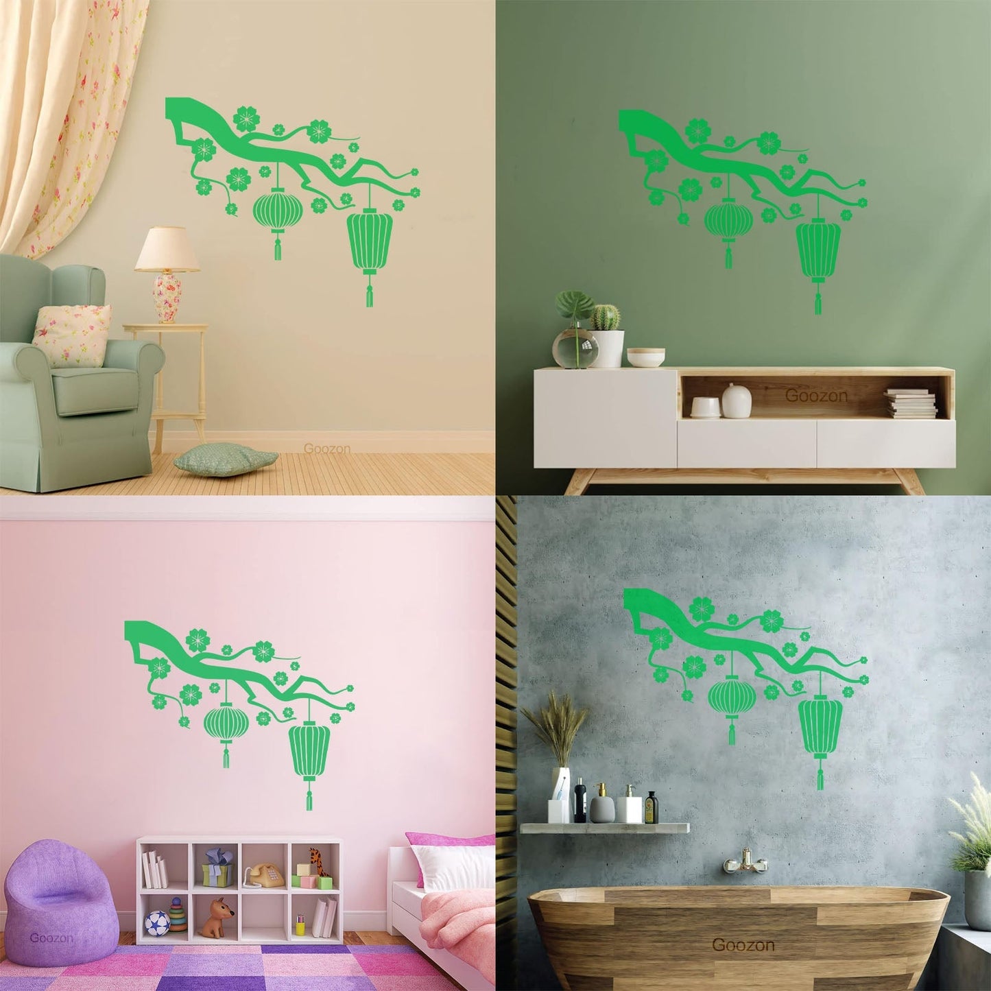 Chinese Lamp Branch Oriental Lettering Stickers Wall Beautification