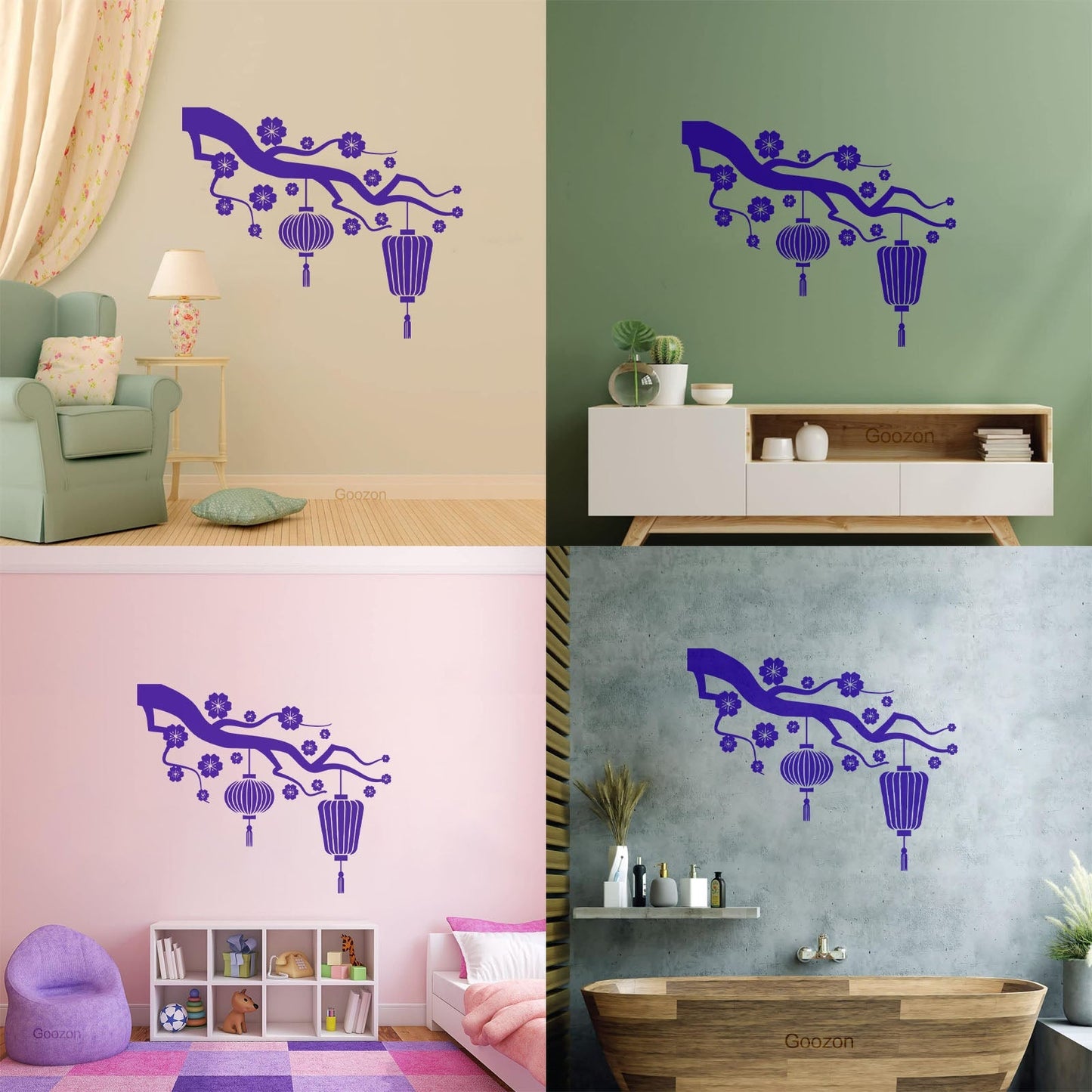 Chinese Lamp Branch Oriental Lettering Stickers Wall Beautification
