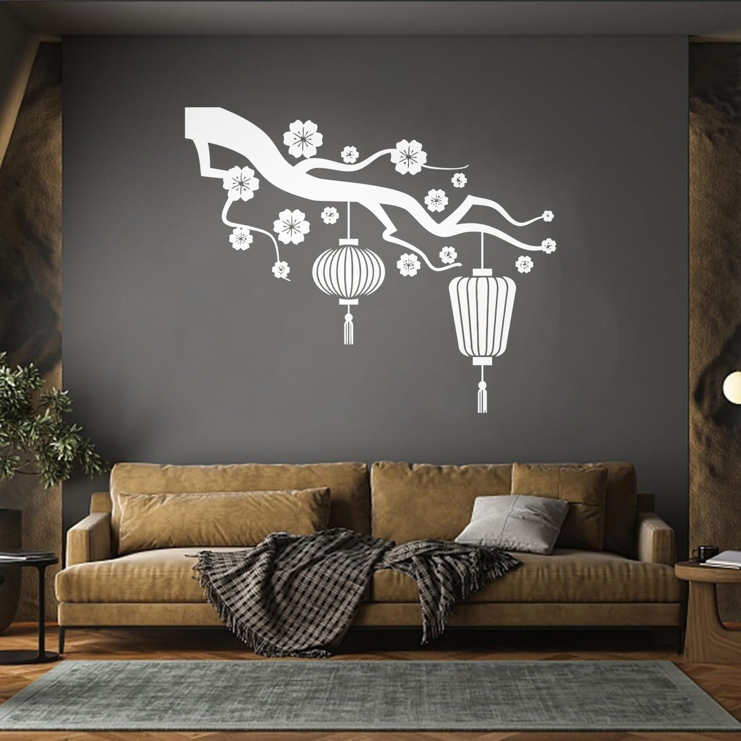 Chinese Lamp Branch Oriental Lettering Stickers Wall Beautification