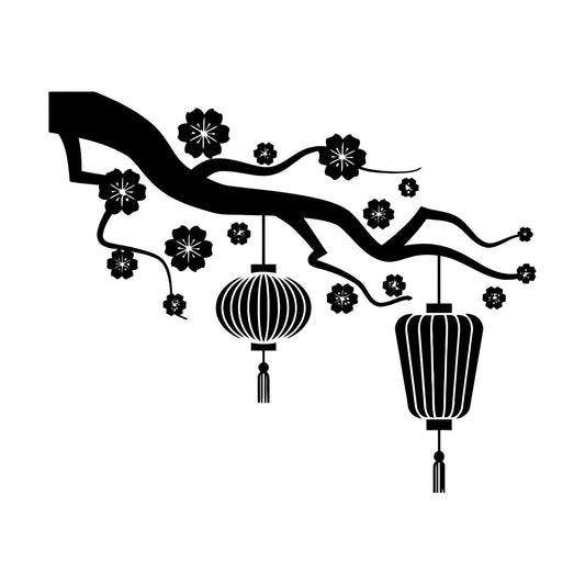 Chinese Lamp Branch Oriental Lettering Stickers Wall Beautification
