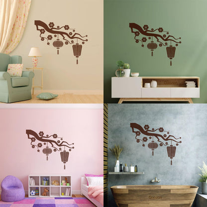 Chinese Lamp Branch Oriental Lettering Stickers Wall Beautification
