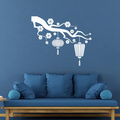 Chinese Lamp Branch Oriental Lettering Stickers Wall Beautification