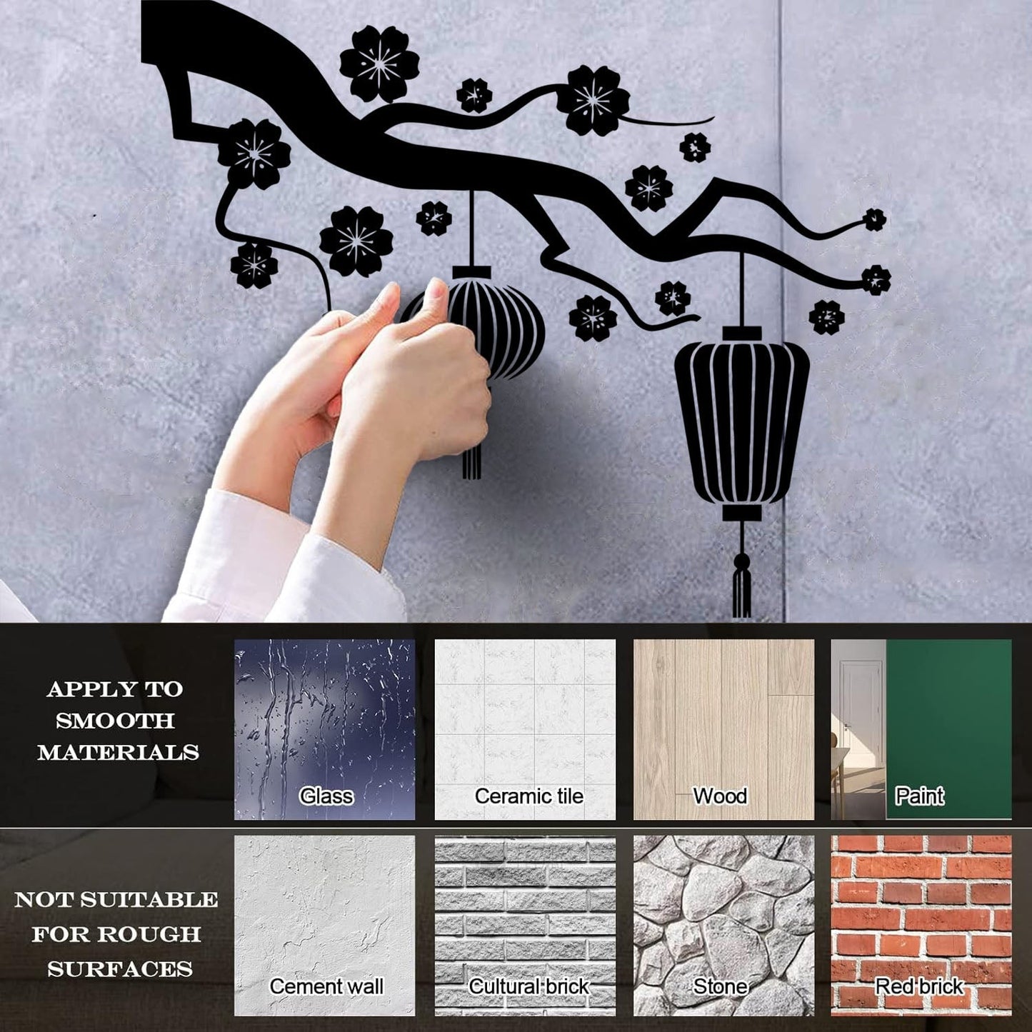 Chinese Lamp Branch Oriental Lettering Stickers Wall Beautification