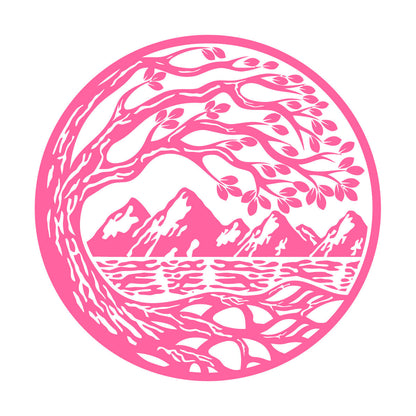 Vinyl Wall Stickers Circle Landscape Branch Tree Mountains River Window Decals