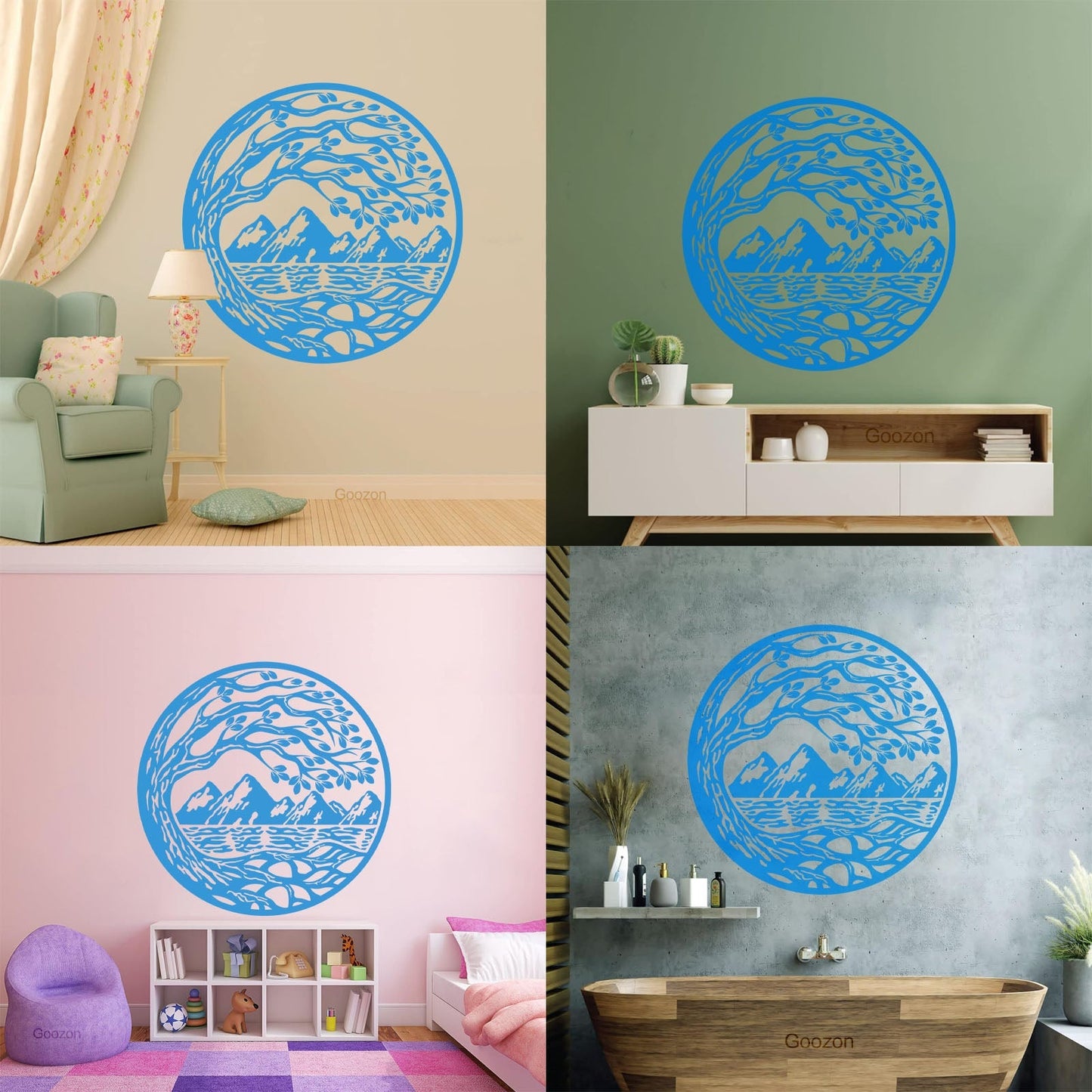 Vinyl Wall Stickers Circle Landscape Branch Tree Mountains River Window Decals