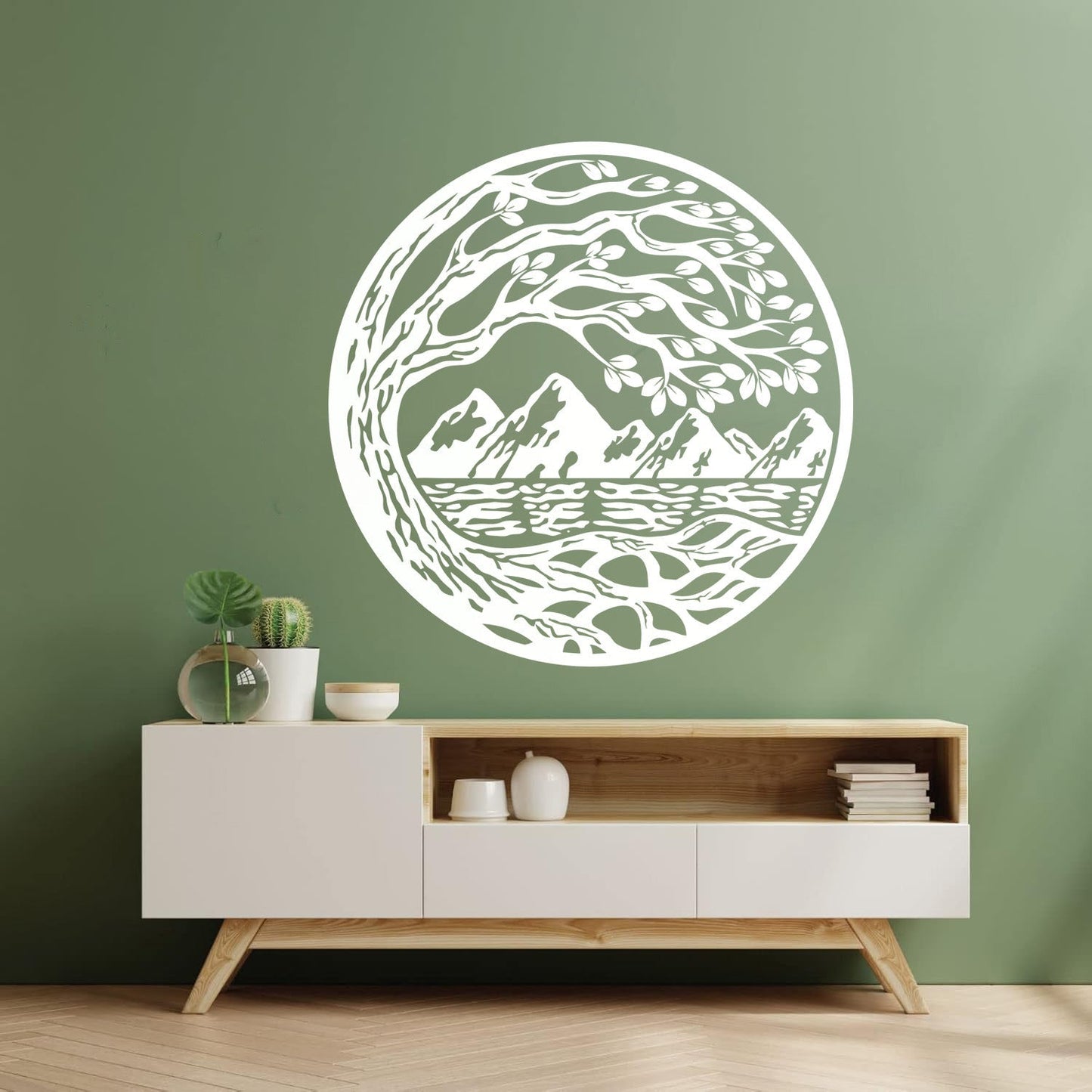 Vinyl Wall Stickers Circle Landscape Branch Tree Mountains River Window Decals