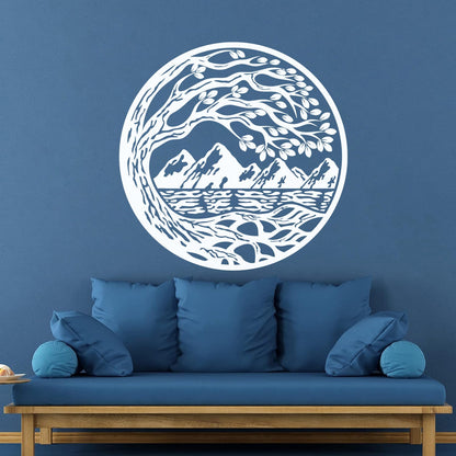 Vinyl Wall Stickers Circle Landscape Branch Tree Mountains River Window Decals