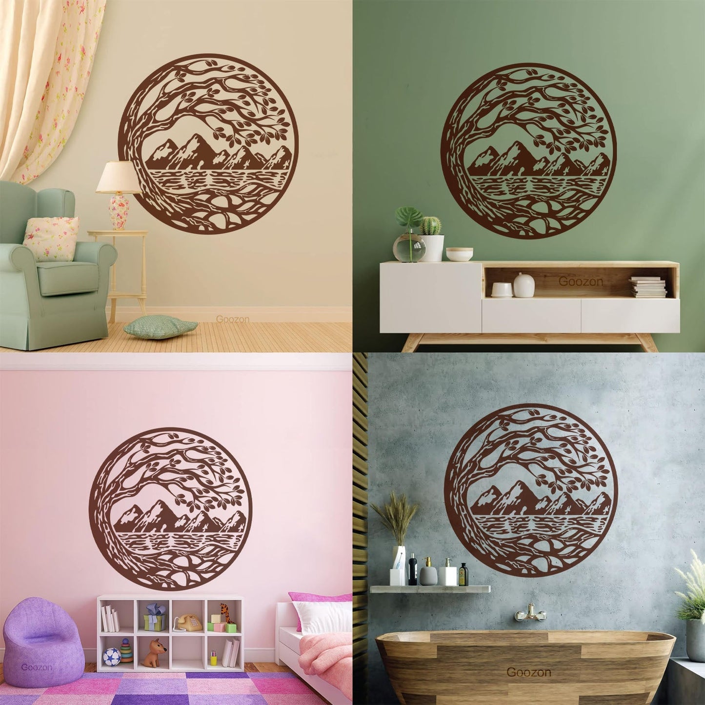 Vinyl Wall Stickers Circle Landscape Branch Tree Mountains River Window Decals