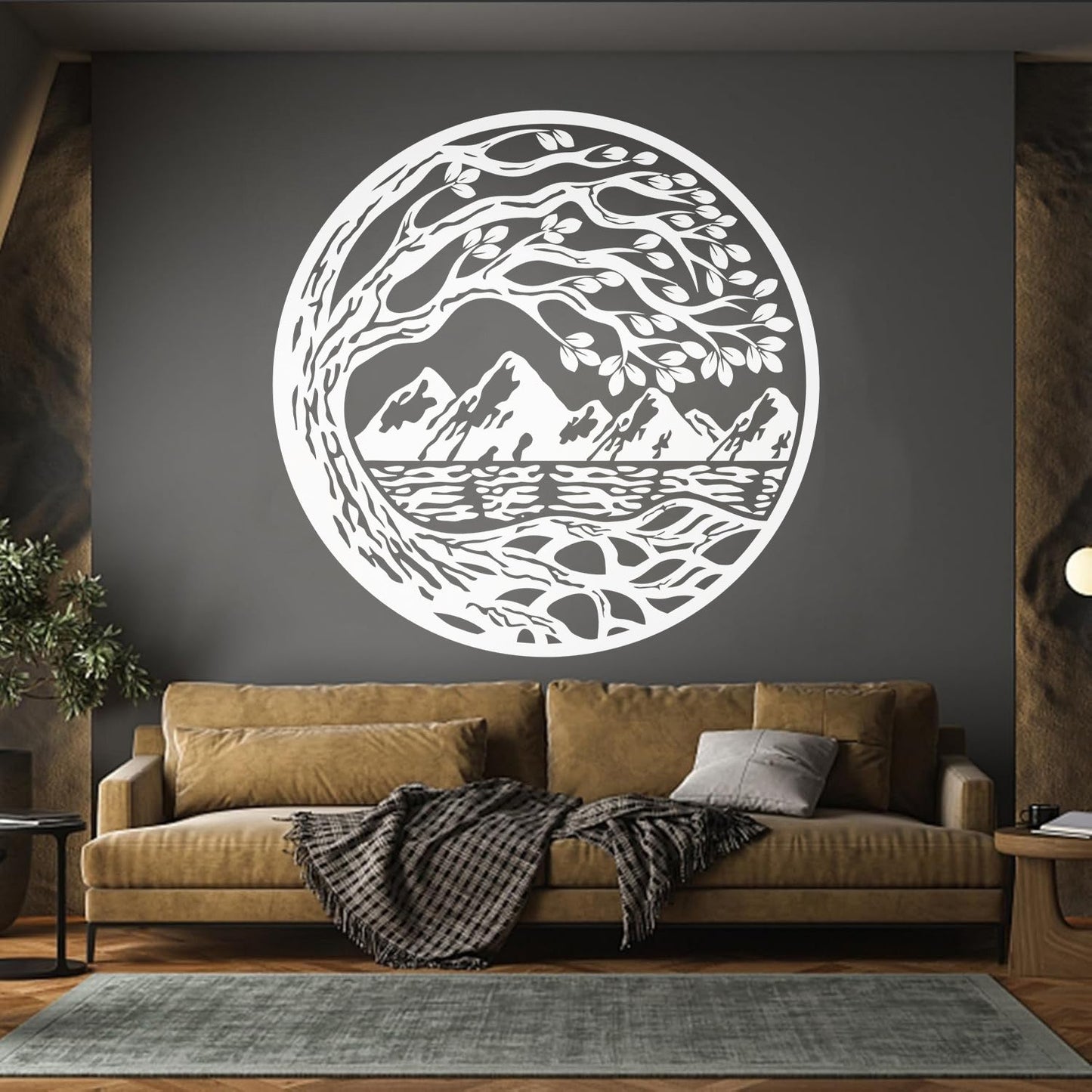 Vinyl Wall Stickers Circle Landscape Branch Tree Mountains River Window Decals