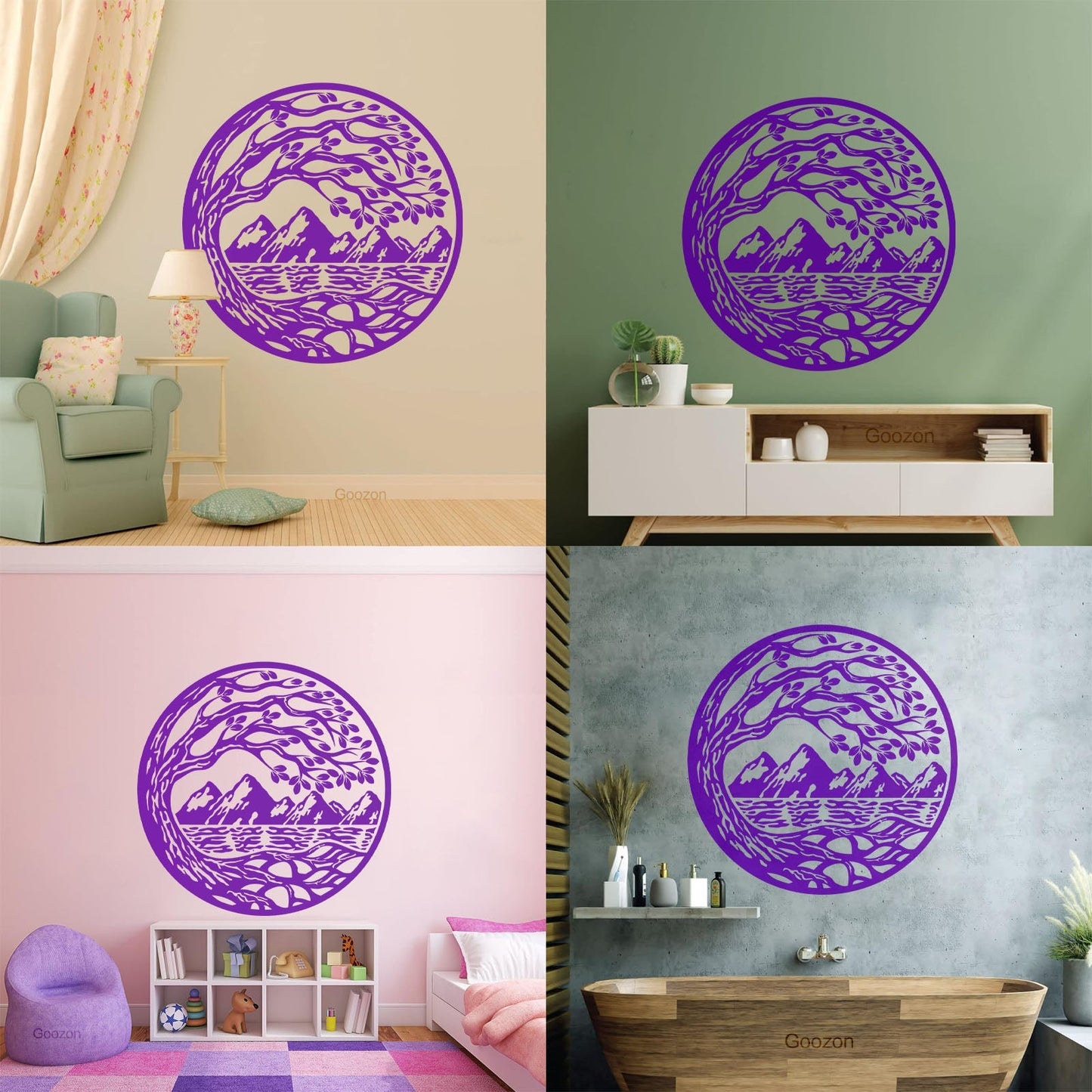 Vinyl Wall Stickers Circle Landscape Branch Tree Mountains River Window Decals