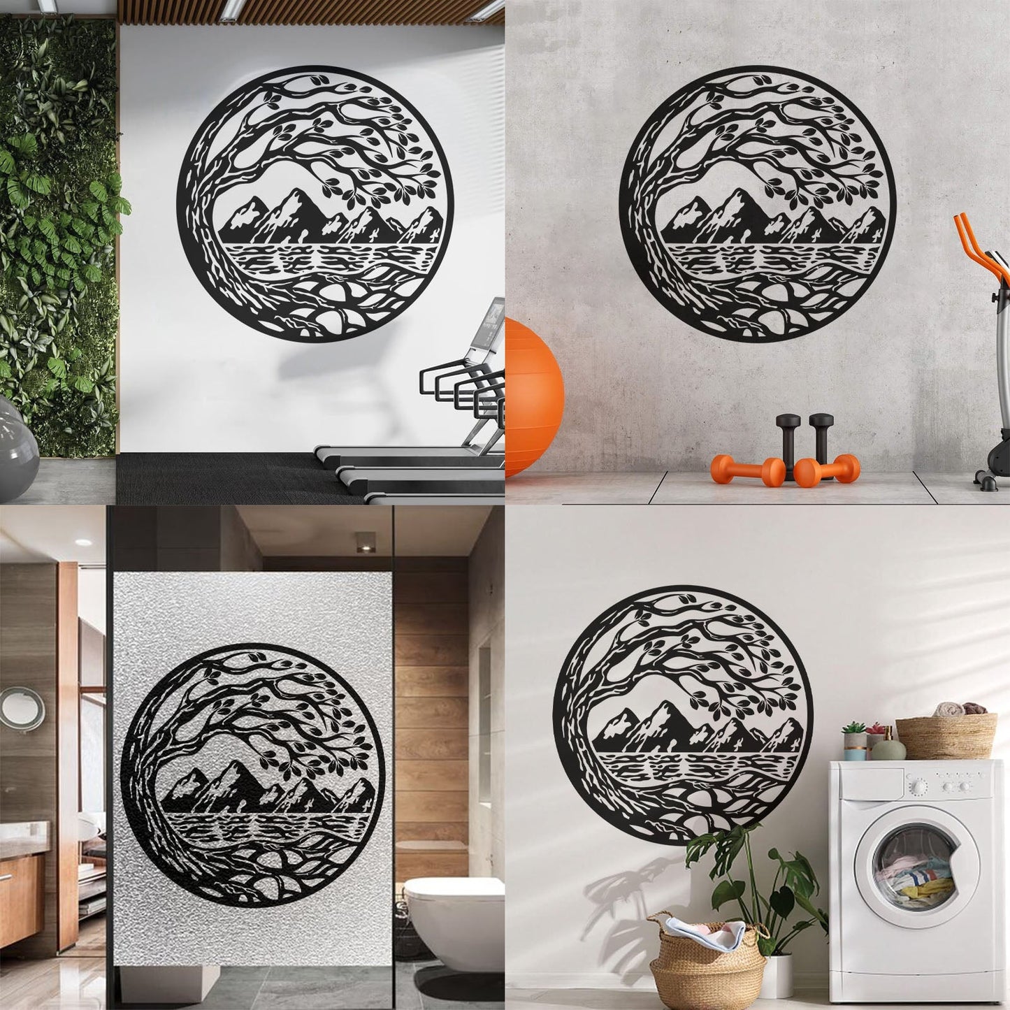 Vinyl Wall Stickers Circle Landscape Branch Tree Mountains River Window Decals