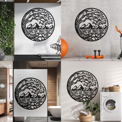 Vinyl Wall Stickers Circle Landscape Branch Tree Mountains River Window Decals