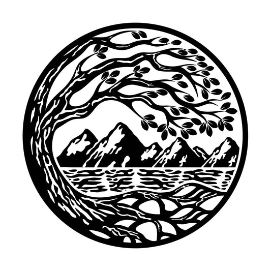 Vinyl Wall Stickers Circle Landscape Branch Tree Mountains River Window Decals