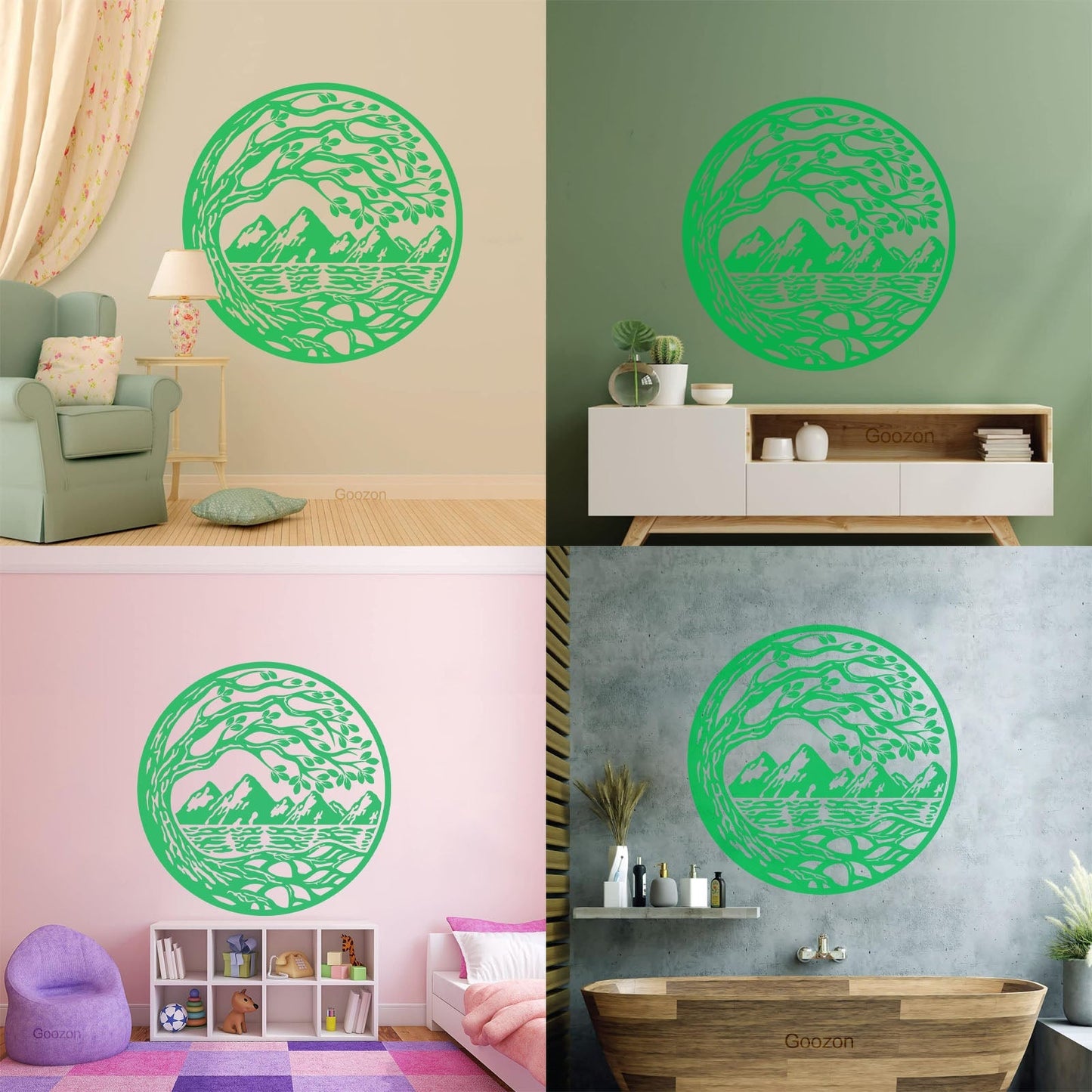 Vinyl Wall Stickers Circle Landscape Branch Tree Mountains River Window Decals