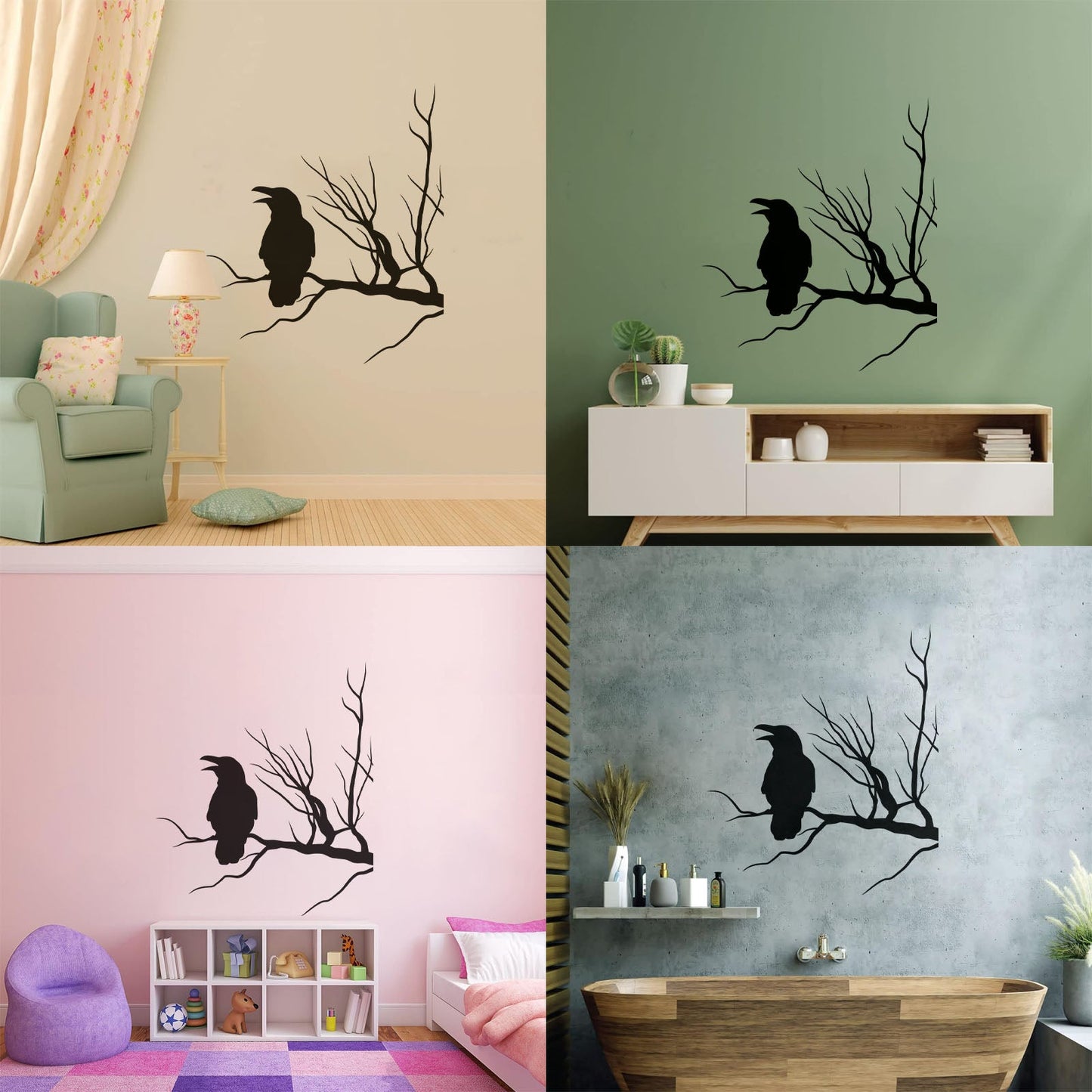 Fine Carving Stickers Crow Silhouette Raven On Tree Branch Multi Color Selection