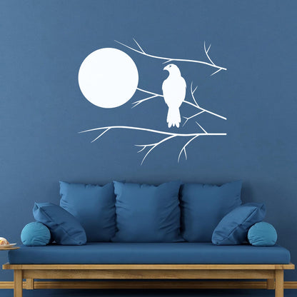 Wall Decals Pvc Hawk On Tree Branch Full Moon Bedroom Art Mural Painting